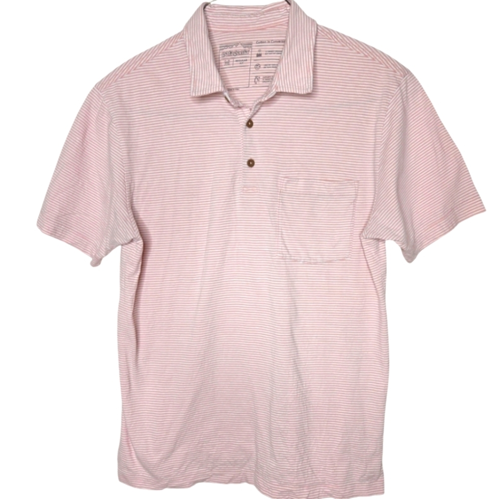 Patagonia Men's Daily All Cotton Polo Shirt Light Pink White Stripe Size M
